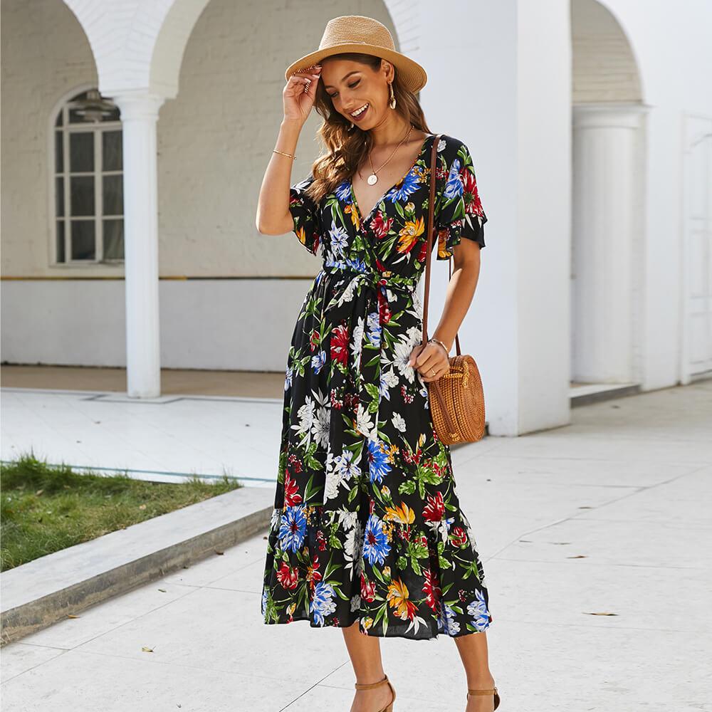 Retro Floral Tie Waist Midi Dress