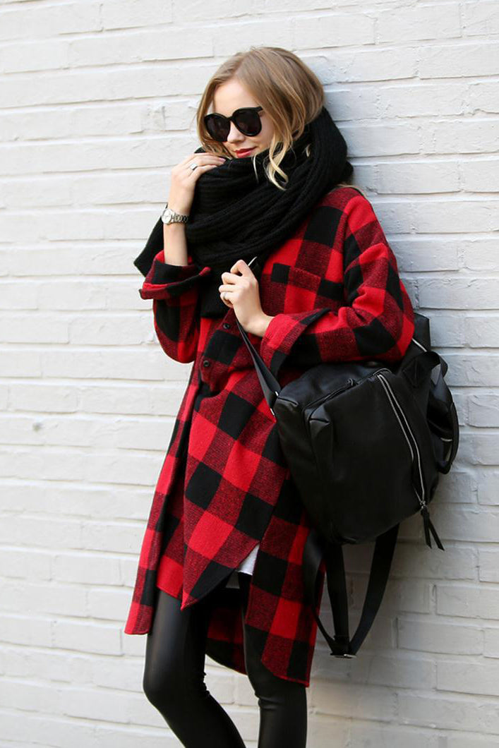 Plaid Button Loose Long Blouse