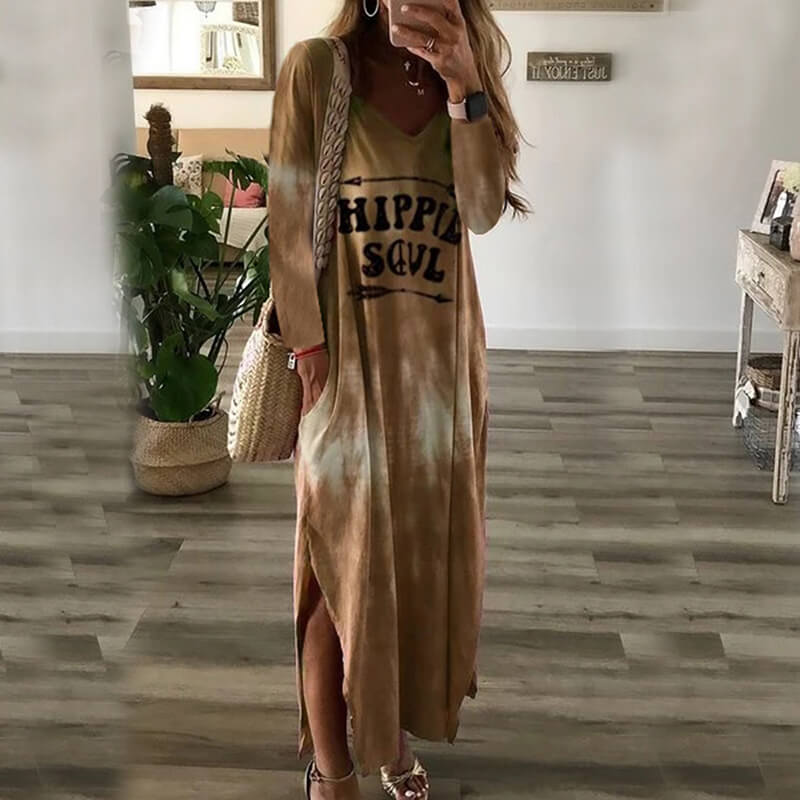 Loose Print Long Sleeve Slit Maxi Dress