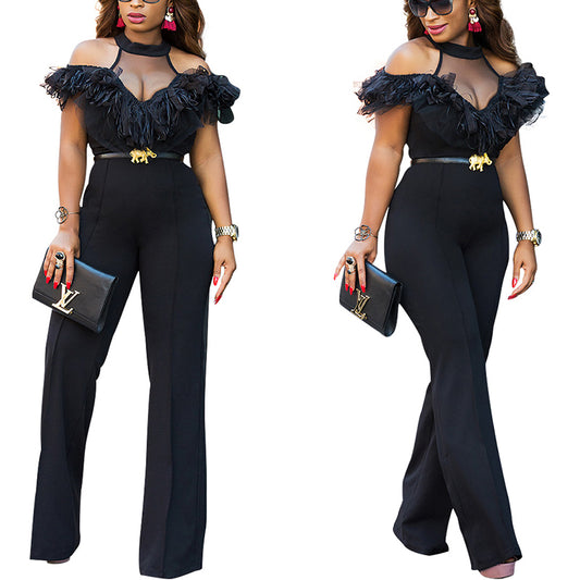 Cold Shoulder Wide Leg Ruffled Empire Jumpsuit