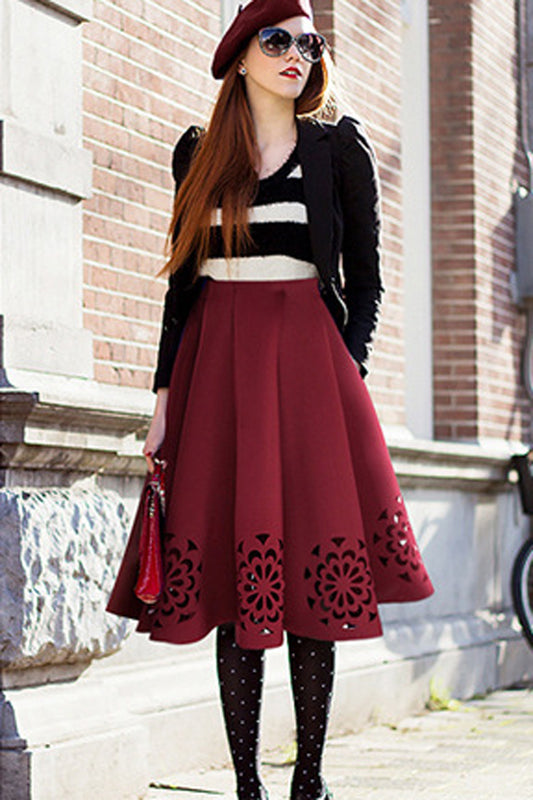 High Waist Pure Color Hollow Out Pleated Knee-length Skirt
