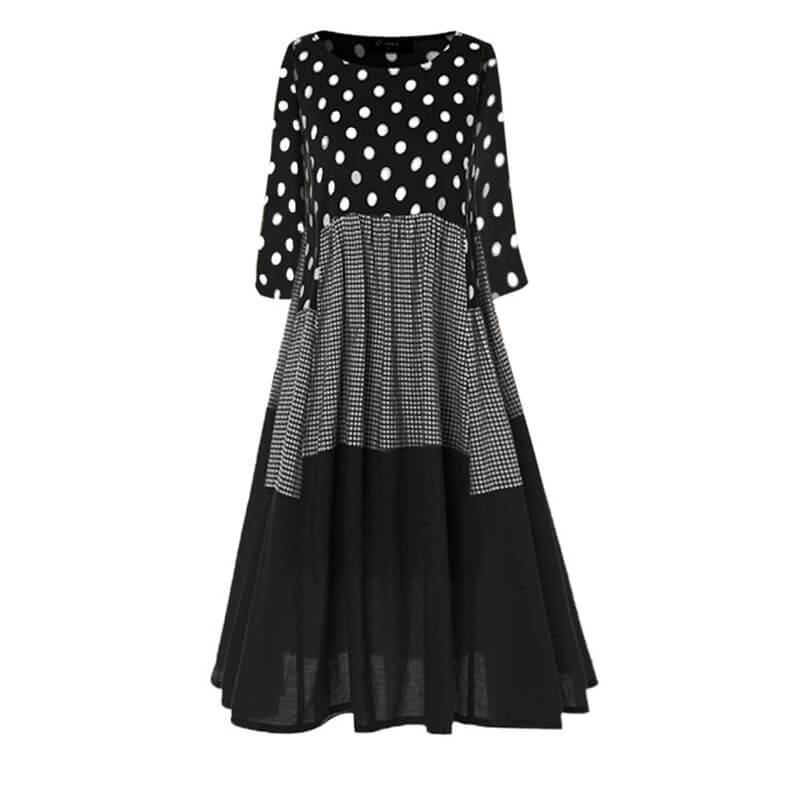 Retro Polka Dots Patchwork Large Hem Long Dress