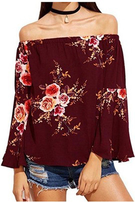 Off Shoulder Flower Print Long Trumpet Sleeves Loose Blouse