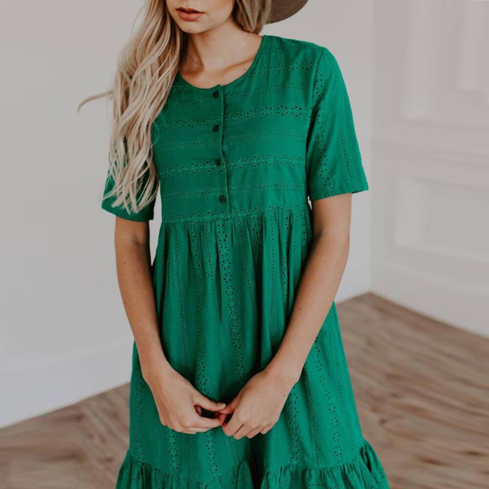 Short Sleeve Eyelet Midi Green Dress