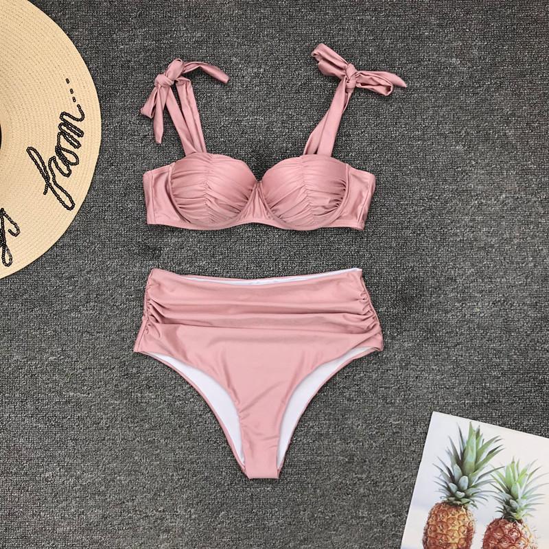 Pink Bandeau High Rise Padded Top Triangle Bikinis