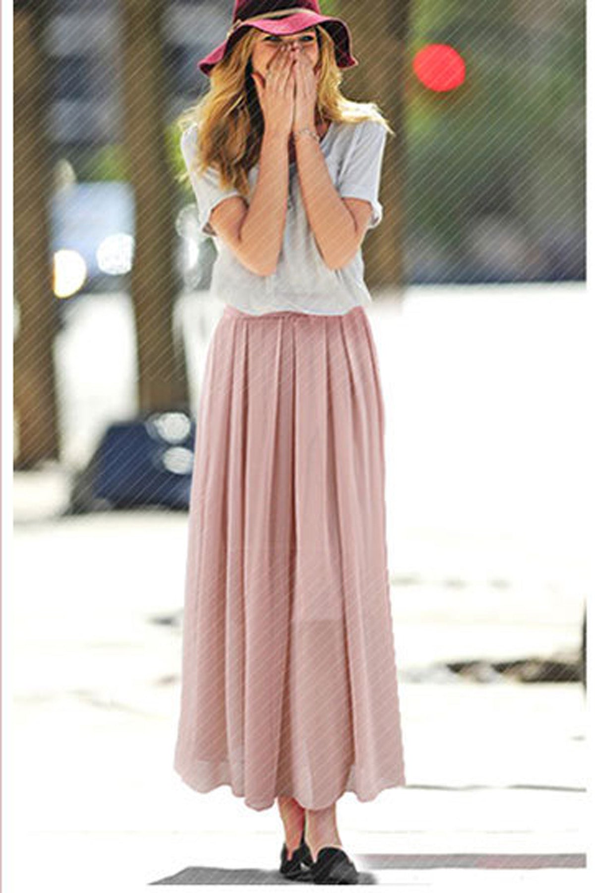 High Waist Pure Color Loose Long Chiffon Skirt