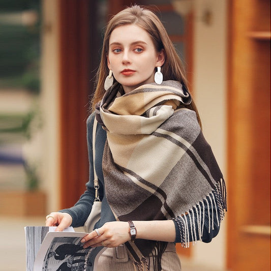 Contrast Color Plaid Tassel Imitation Cashmere Shawl Scarf