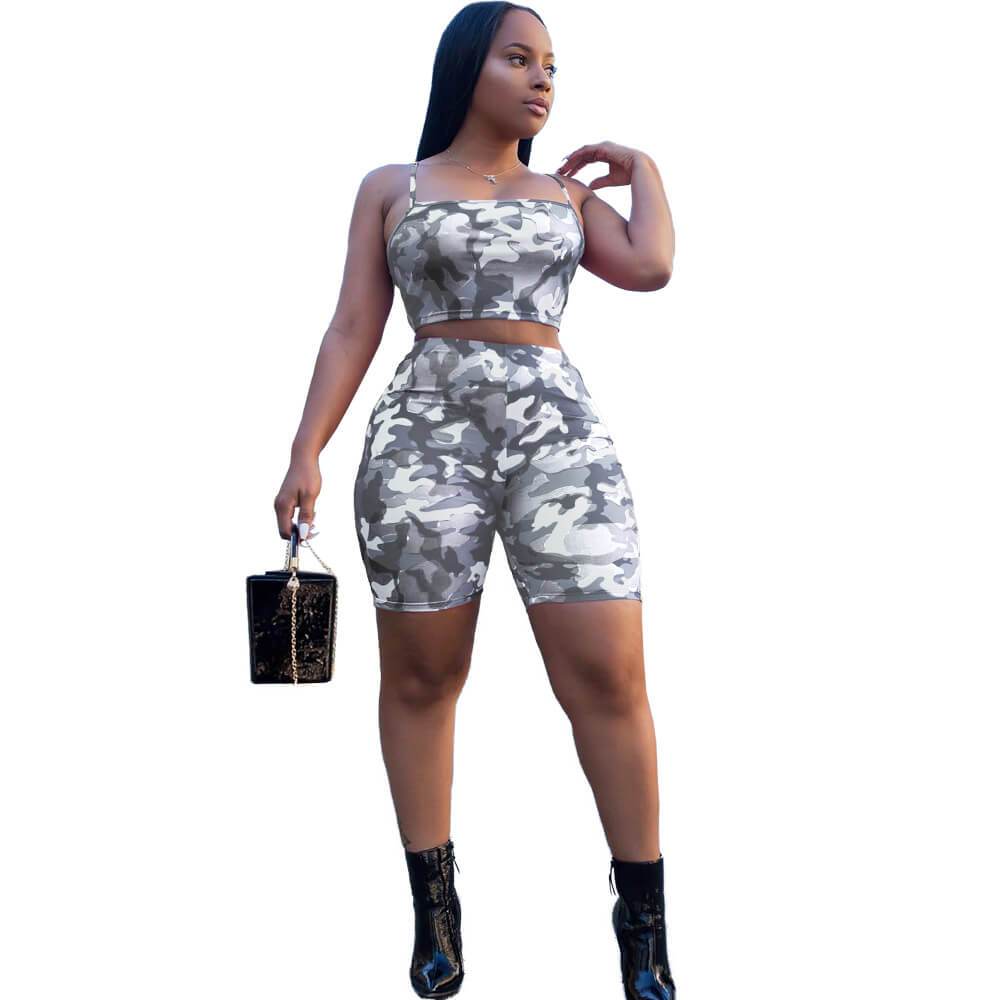 Spaghetti Straps Crop Top Camouflage Shorts Set