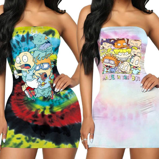 Cartoon Printed Tube Bodycon Short Dress