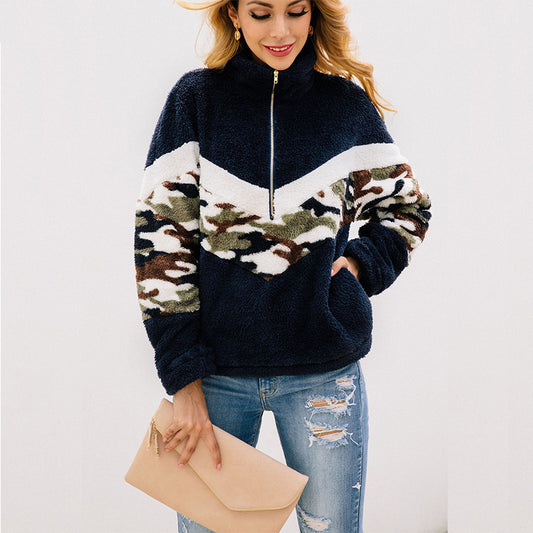 Fuzzy Camouflage Zipper Pockets Sweatshirt