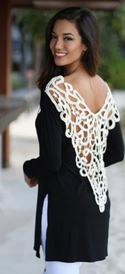 Long Sleeves Lace Patchwork Backless Scoop Sexy Blouse