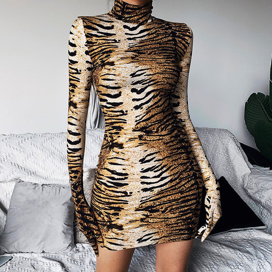 Tiger Skin With Gloves Bodycon Turtleneck Dress