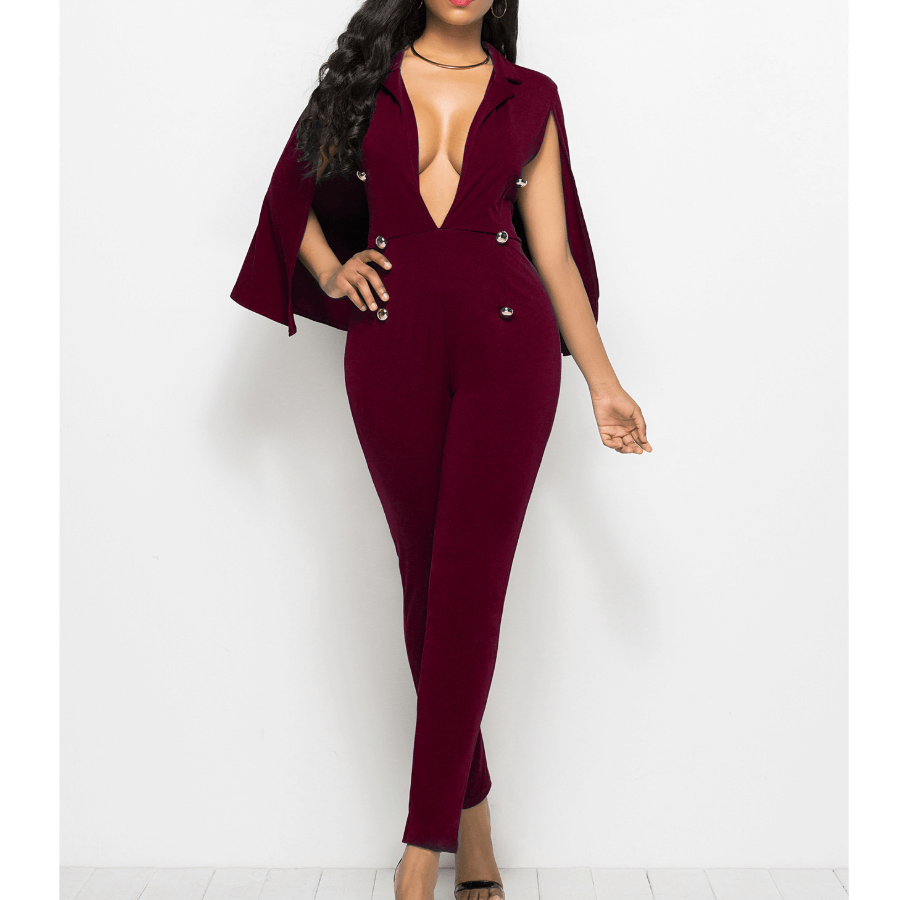 Overlay V Neck Skinny Cape Jumpsuits