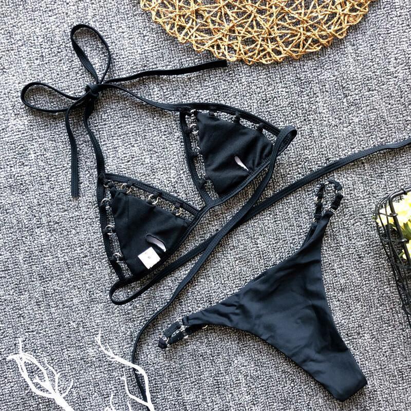 Hot Halter Bandeau Plain Cutout Thong Bottom Bikinis