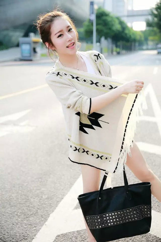 V-neck Pure Color Long Sleeves Geometry Print Cardigan
