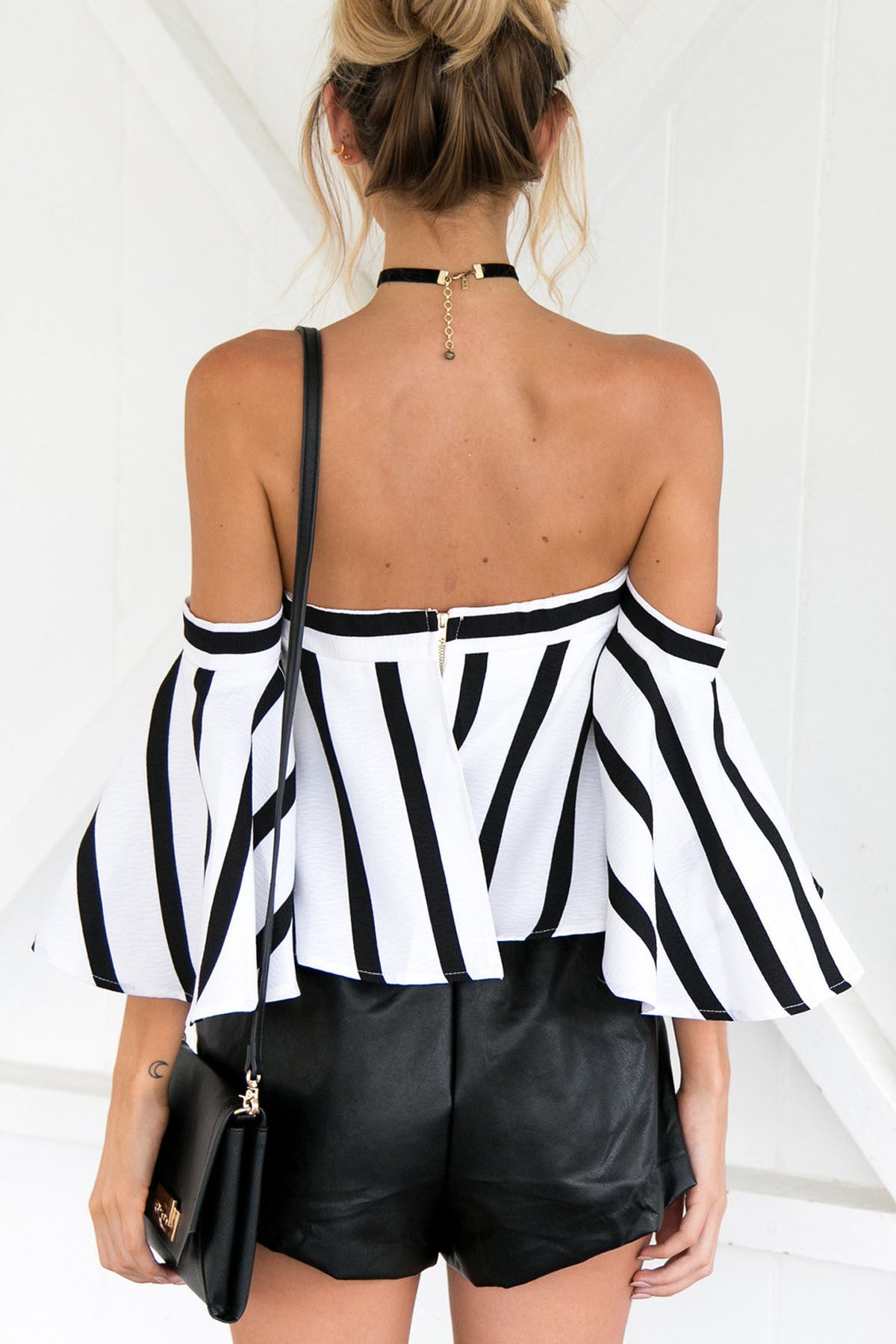 Off Shoulder Stripes Trumpet Sleeves Loose Blouse