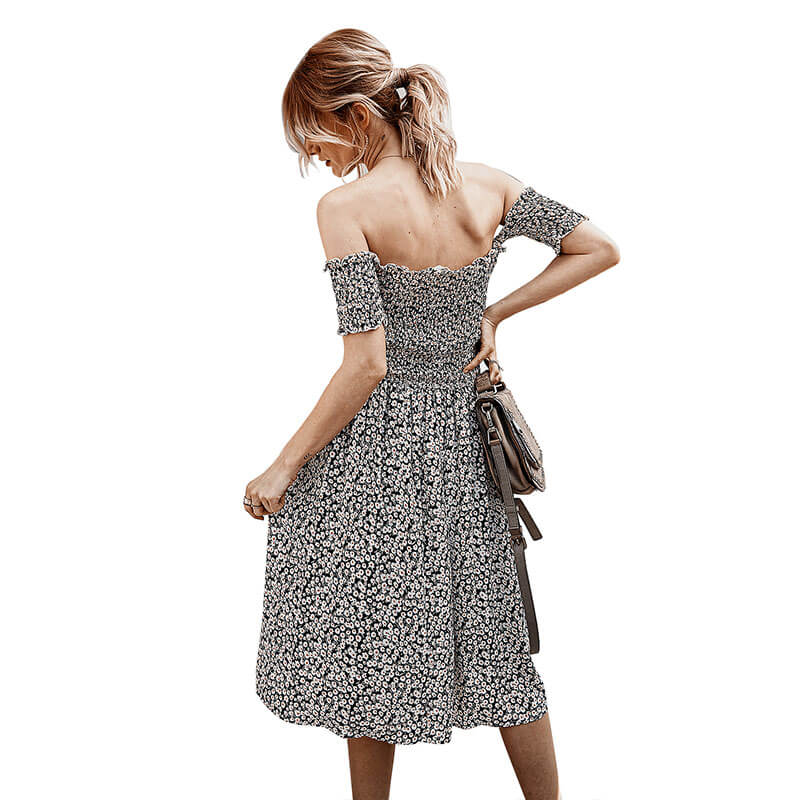 Off Shoulder Floral Smocking Knee Length Dress