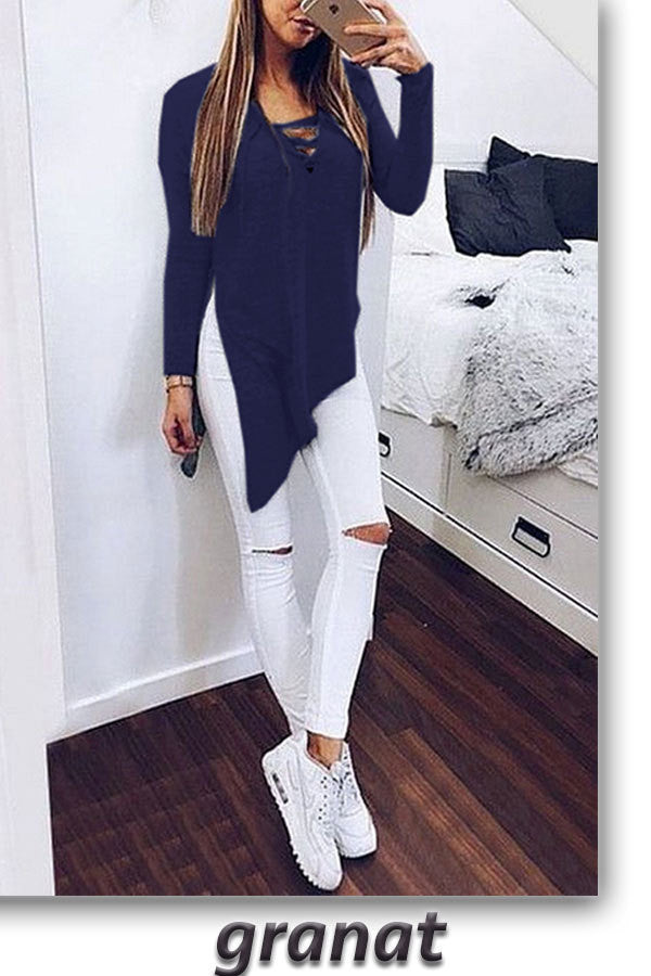 Irregular V-neck Pure Color Long Sleeves Long Blouse