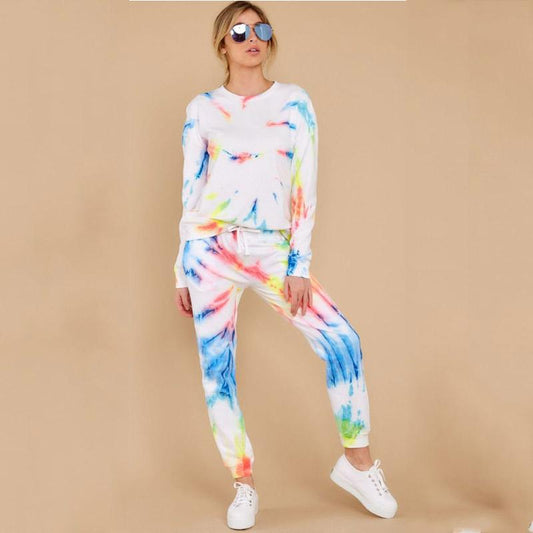 Casual Tie Dye White High Waist Long Sleeve Elastic Ankle Two Pieces Set