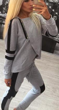 Irregular Zipper Hoodie Top Straight Pant Patchwork Activewear Set