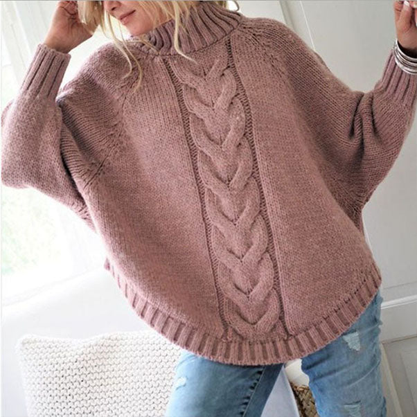 Loose Turtleneck Batwing Sleeve Cable Knitted Sweater