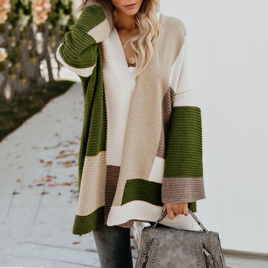 Oversized Colorblock Loose Bell Sleeve Cardigan Sweater