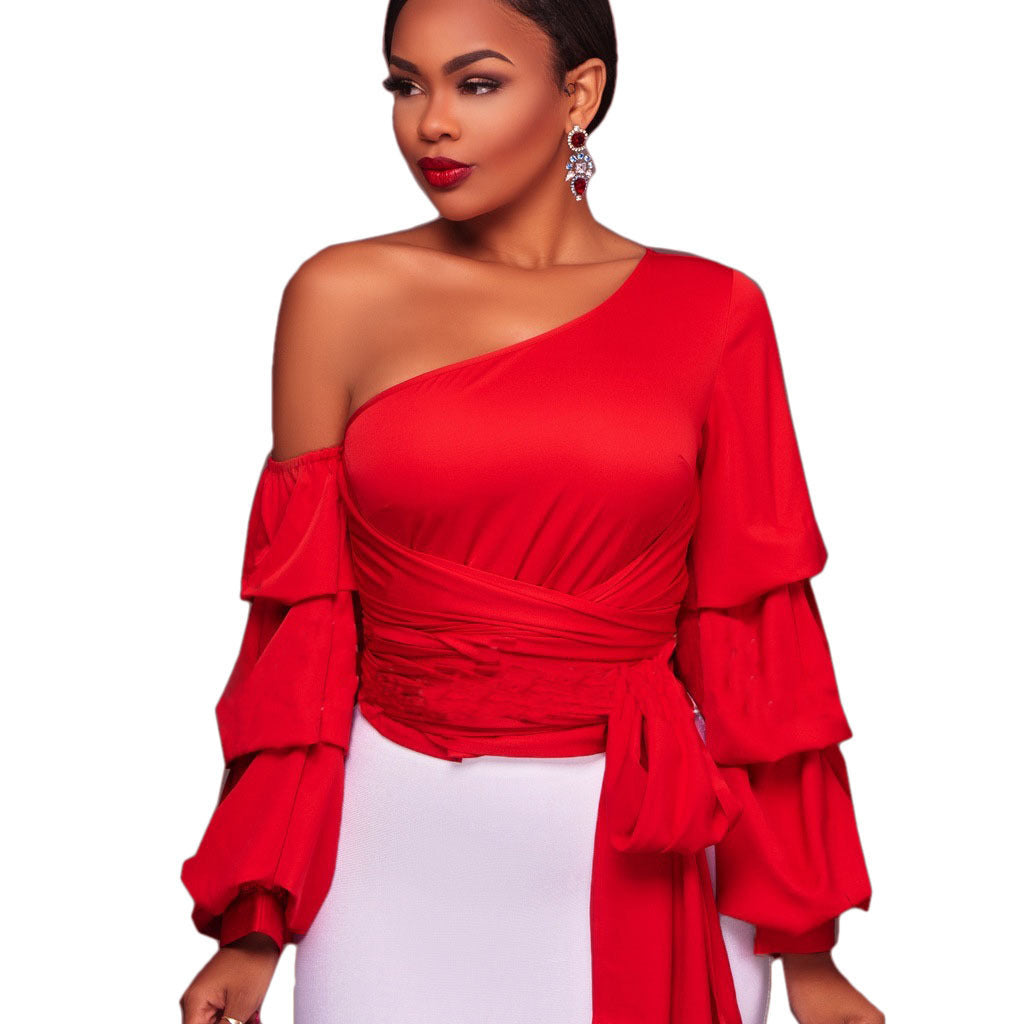 Slim One Shoulder Bandage Long Ruffles Sleeves Blouse