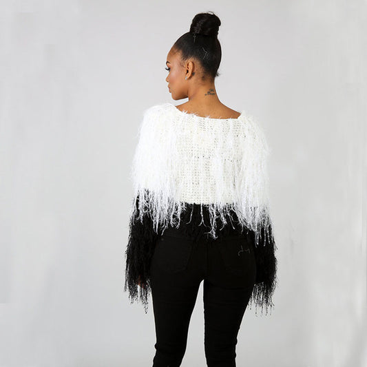 Colorbloock Fringe Crochet Cropped Sweater