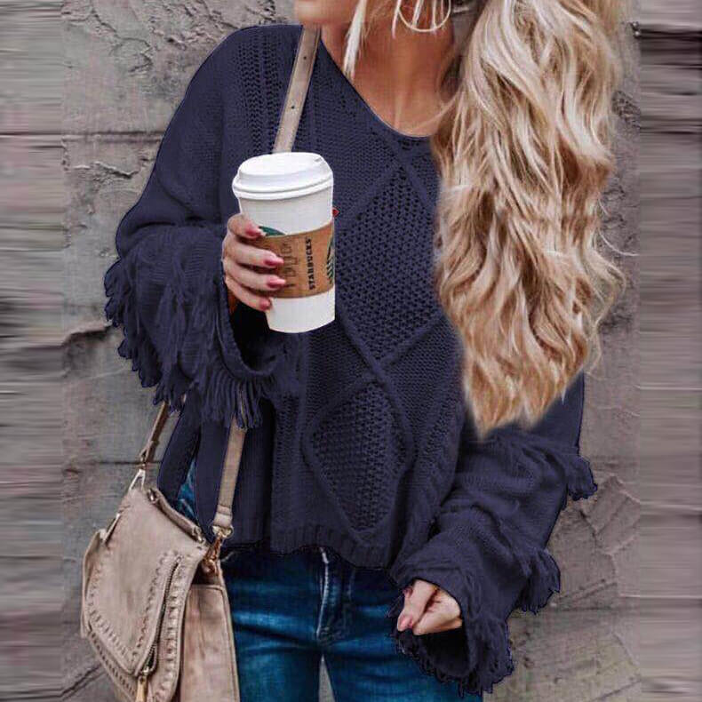 Fashion V Neck Fringe Pattern Knitting Sweater