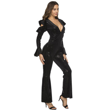 Bell Bottom Sparkly Ruffles Cold Shoulder Jumpsuit 