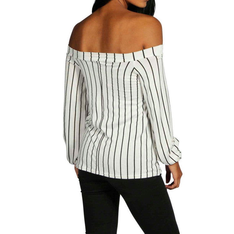 Off Shoulder Striped Long Sleeves Regular Blouse