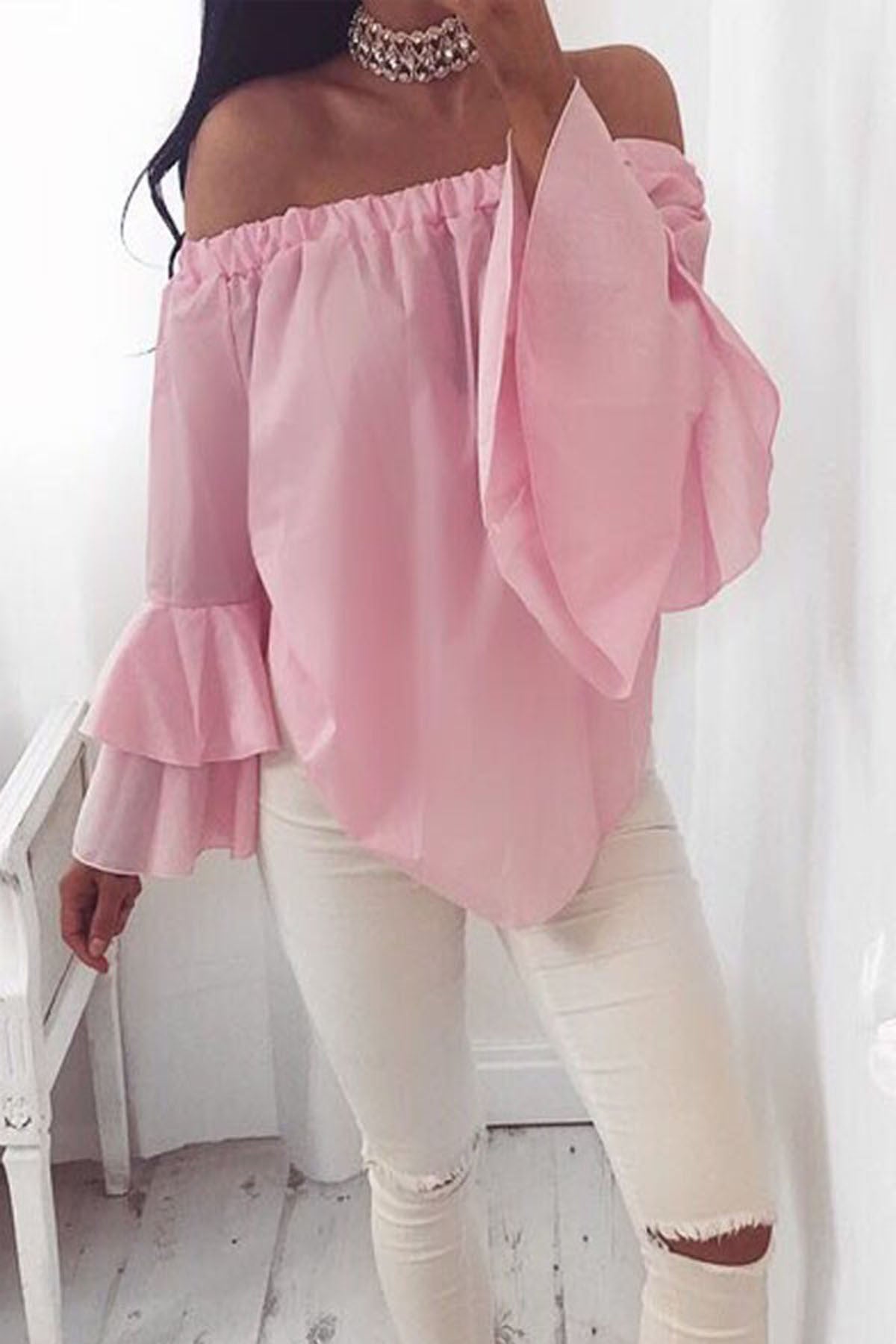 Pure Color Off Shoulder Loose Trumpet Sleeves Irregular Chiffon Blouse