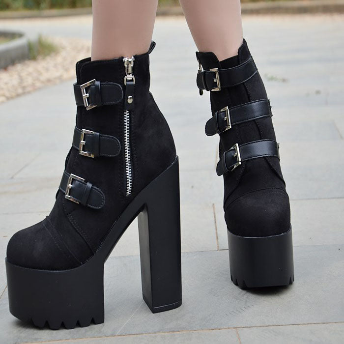 Straps Hasp Side Zipper Platform Super High Heels Ankle Boots