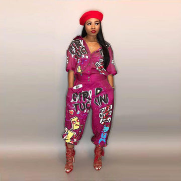 High Waist Graffiti Half Sleeve Jumpsuits