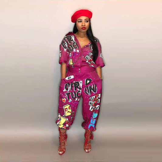 High Waist Graffiti Half Sleeve Jumpsuits