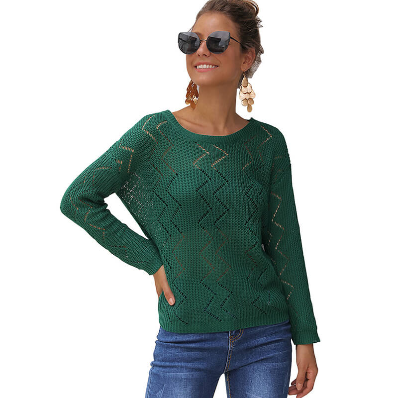 Crew Neck Hollowed Pure Color Sweater 