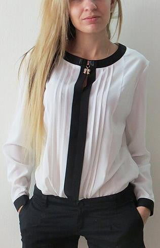 Scoop Long Sleeves Patchwork Ruffled Slim Chiffon Blouse