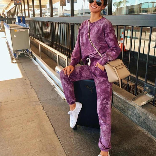 Casual Purple Tie Dye Loose High Waist Long Sleeve Two Pieces Set