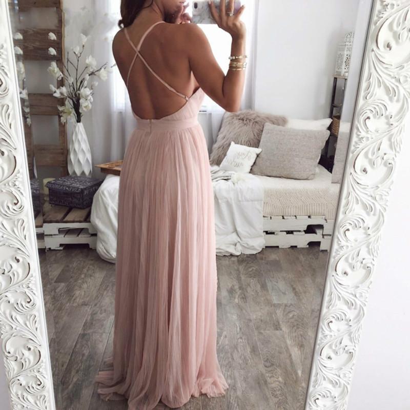 Back Cross Deep V Neck Floor Length Dress