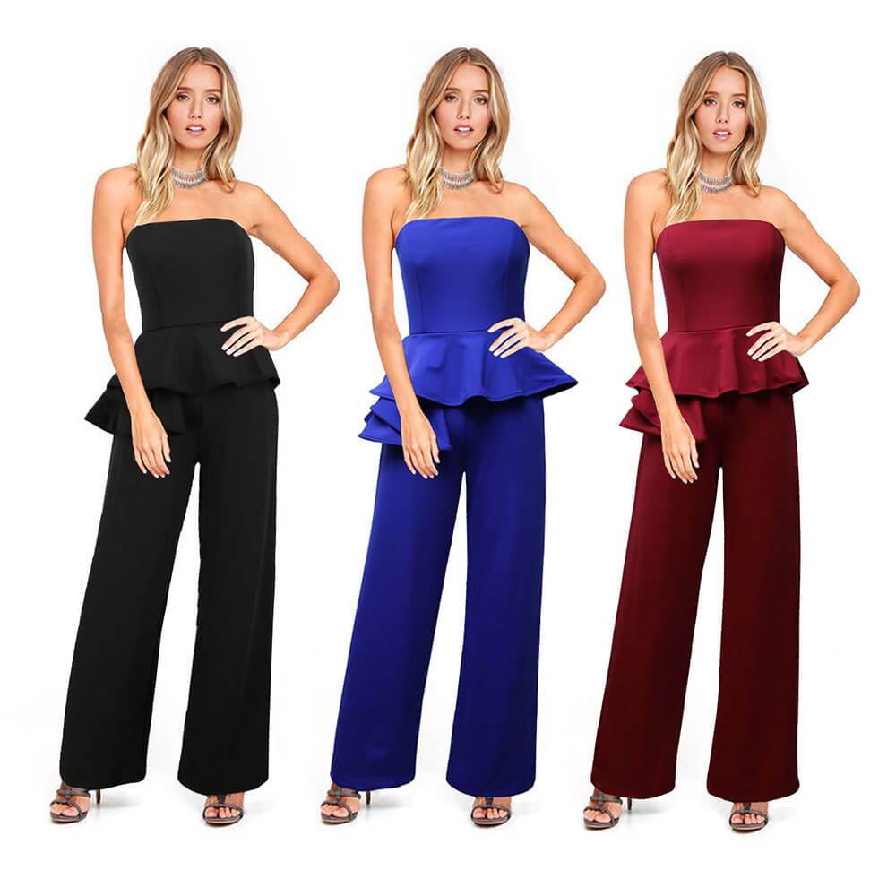 Solid Ruffle Hem Tube Jumpsuit