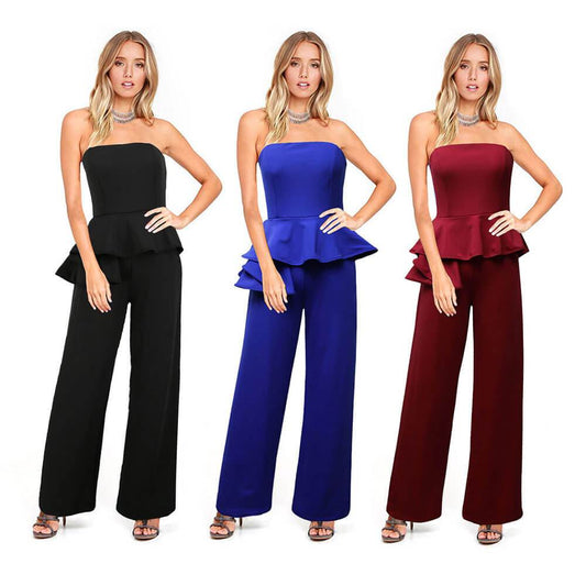 Solid Ruffle Hem Tube Jumpsuit