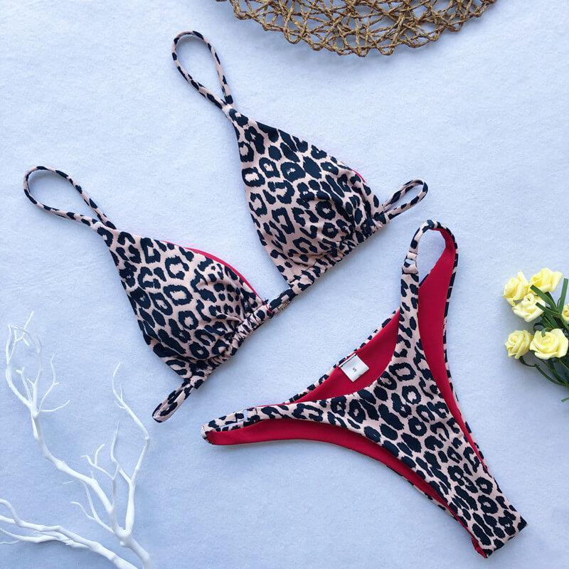 Hot Leopard Mid Rise Padded Top Thong Bottom Bikinis