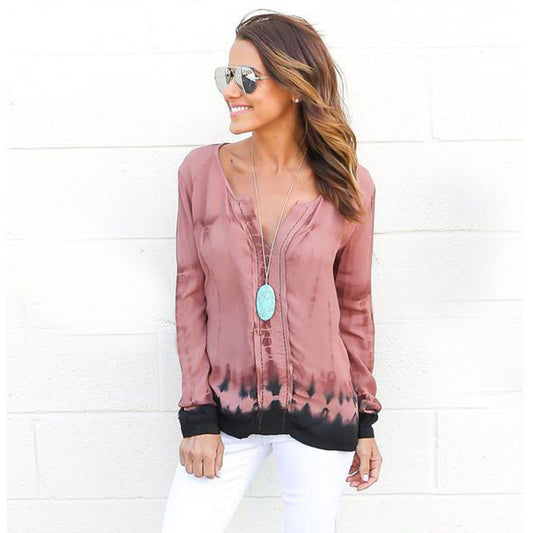 Fashion Pink Tie-Dye Leaking Print Long Sleeve Blouse