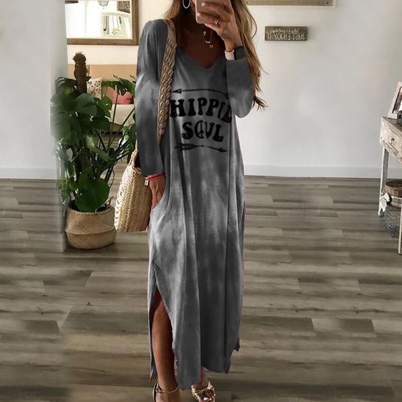 Loose Print Long Sleeve Slit Maxi Dress