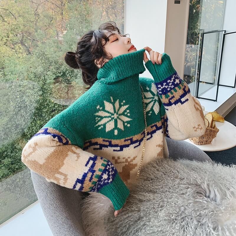 Turtleneck Colorblock Christmas Reindeer Sweater