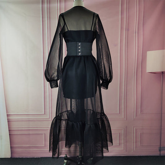 Black Lantern Sleeve Mesh Sheer Maxi Dress