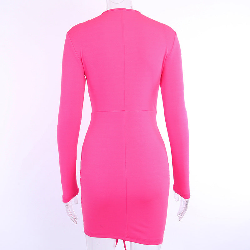 Plain Bodycon Long Sleeve Corset Wrap Dress