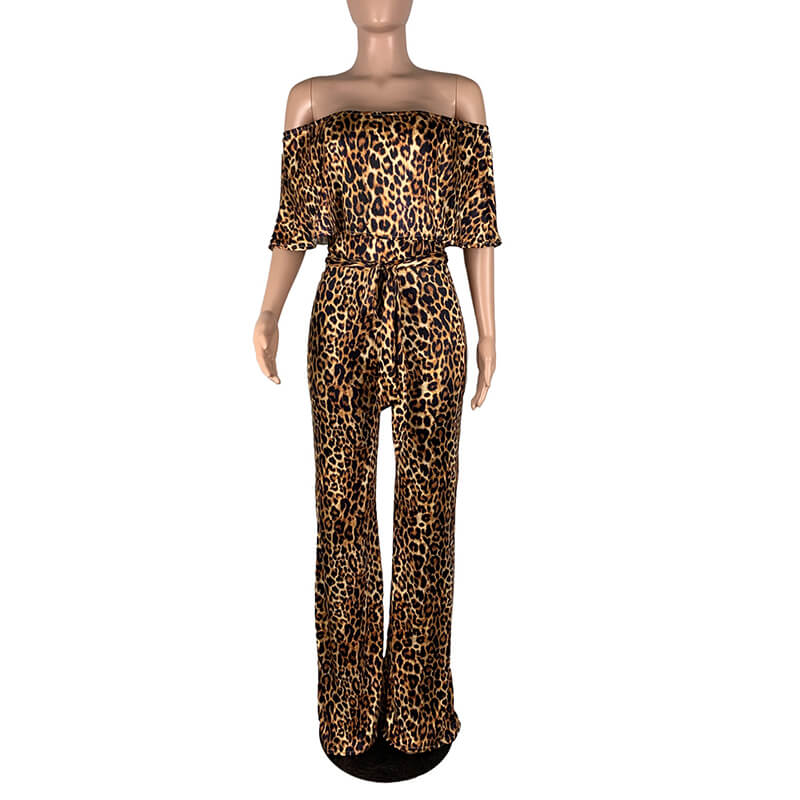 Leopard Off Shoulder Wide Leg Jumpsuits