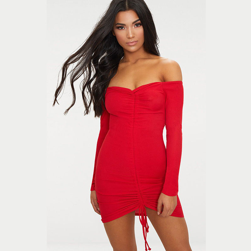 Off Shoulder Long Sleeve Bodycon Plain Dress