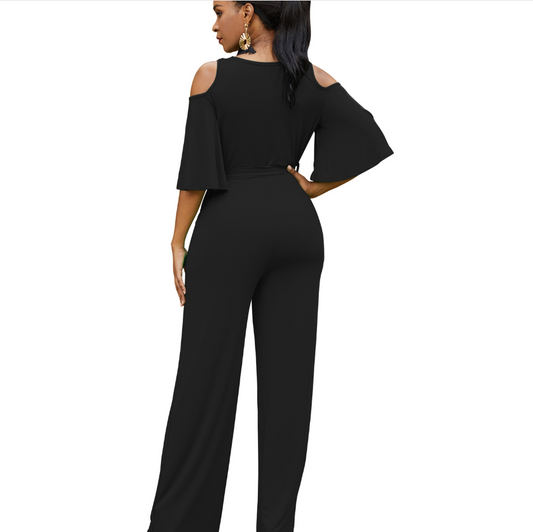 Bright Color Cold Shoulder Wide Leg Jumpsuit